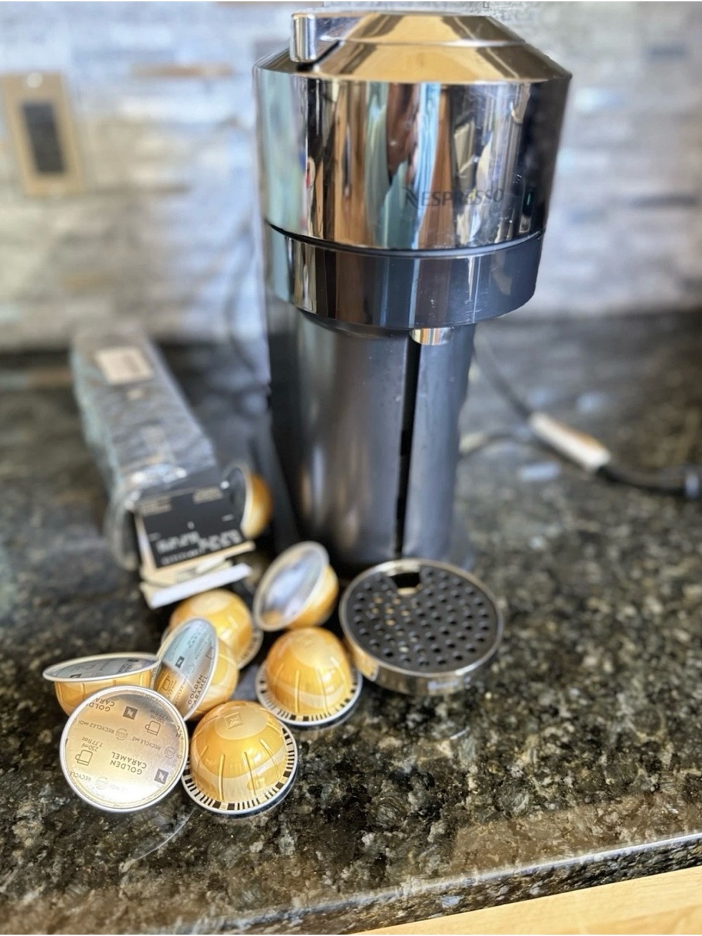 Nespresso Espresso Capsule Coffee Maker with Gold Caramel Coffee Pods